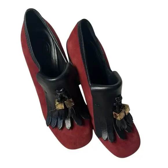 Tory Burch Red Black Suede Leather Tassel Chunky Square Toe Heels Size 7 - Picture 2 of 10